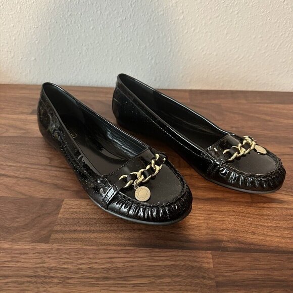 Coach Black Glitter Flats Loafers Drivers Charm Designer Patent Leather Size 6.5 - Picture 1 of 12